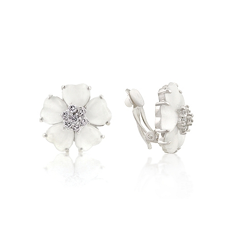 Wedding White Flower Nouveau Clip Earrings