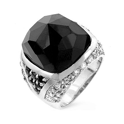 Trendy Faceted Onyx Cocktail Silver Ring