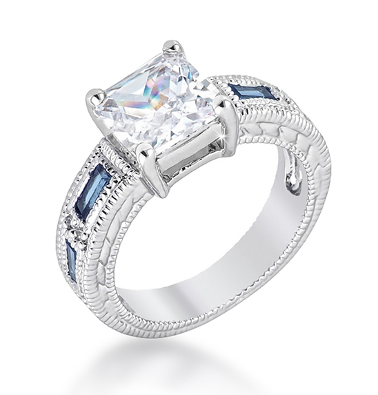 Contemporary Blue Sapphire Baguette CZ Engagement Ring