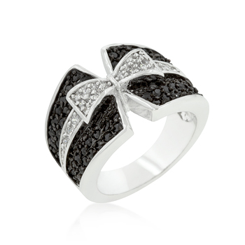Cocktail Jet Black and Clear Cubic Zirconia Bow Tie Ring