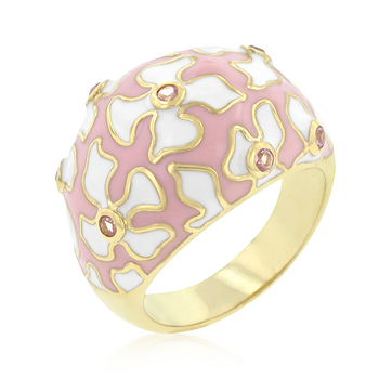 Floral Pink and White Enamel Ring