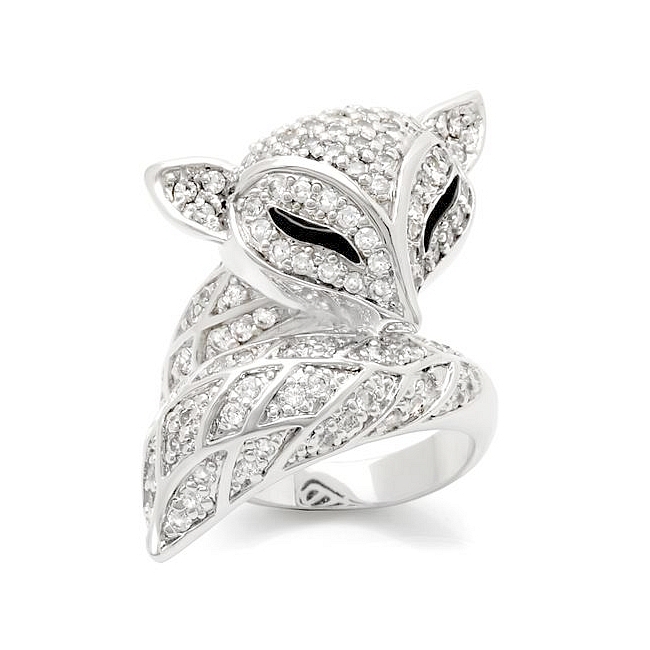 Silver Tone Fox Animal Fashion Ring Clear Cubic Zirconia