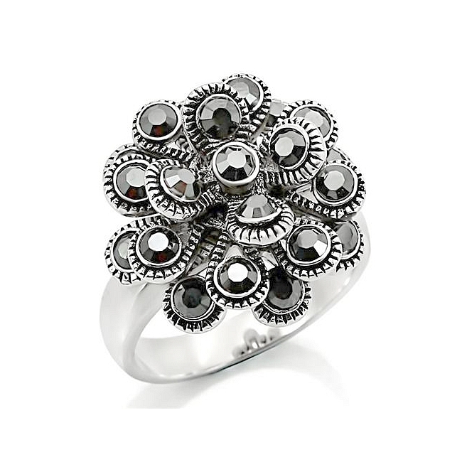 Silver Tone Flower Fashion Ring Black Crystal