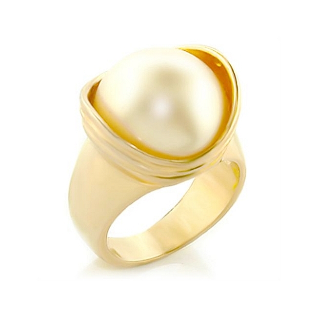 Fancy 14K Yellow Gold Plated Fashion Ring White Synthetic Pearl