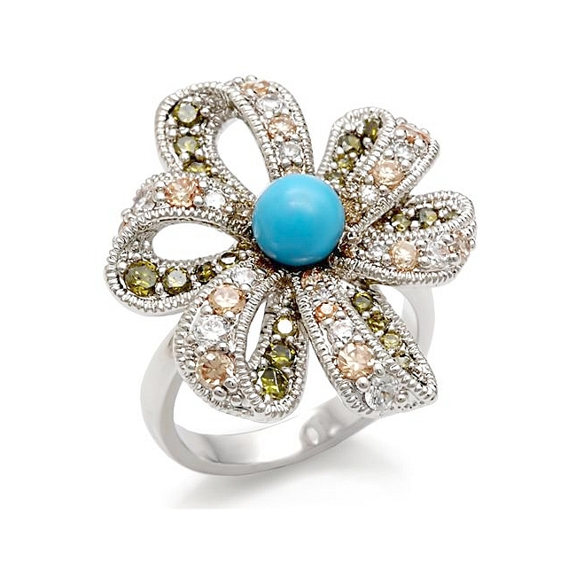 Silver Tone Flower Fashion Ring Aqua Synthetic Turquoise