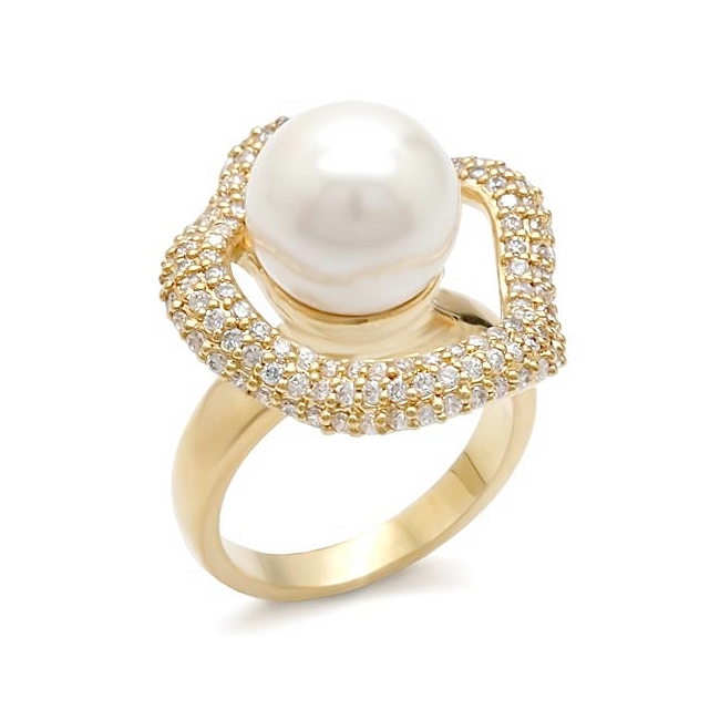 Elegant 14K Yellow Gold Plated Vintage Fashion Ring White Synthetic Pearl