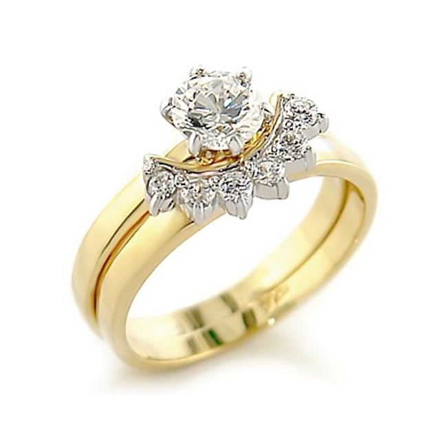 Two Tone Pave Engagement Wedding Ring Set Clear Cubic Zirconia
