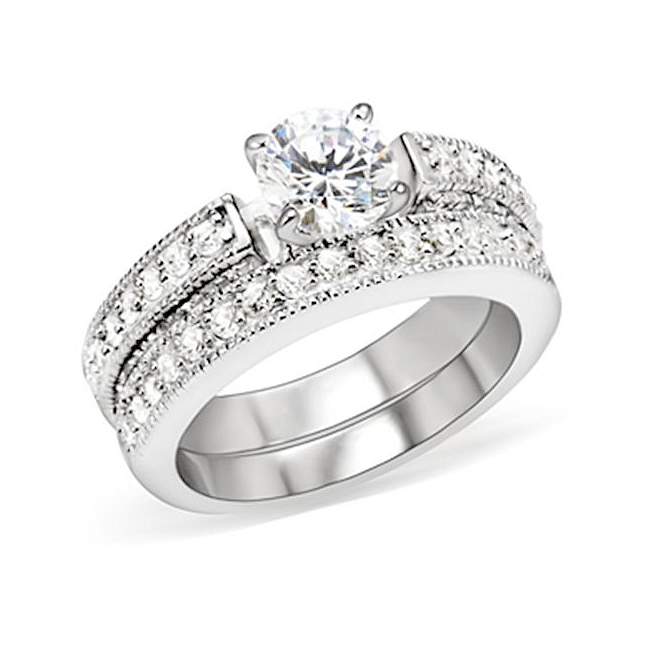 Elegant Silver Tone Pave Engagement Wedding Ring Set w Cubic Zirconia