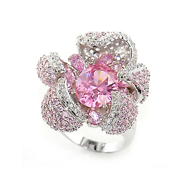 Silver Tone Flower Fashion Ring Rose CZ