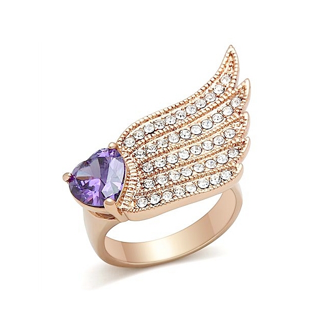 Lovely 14K Rose Gold Plated Heart Wings Fashion Ring Amethyst Cubic Zirconia