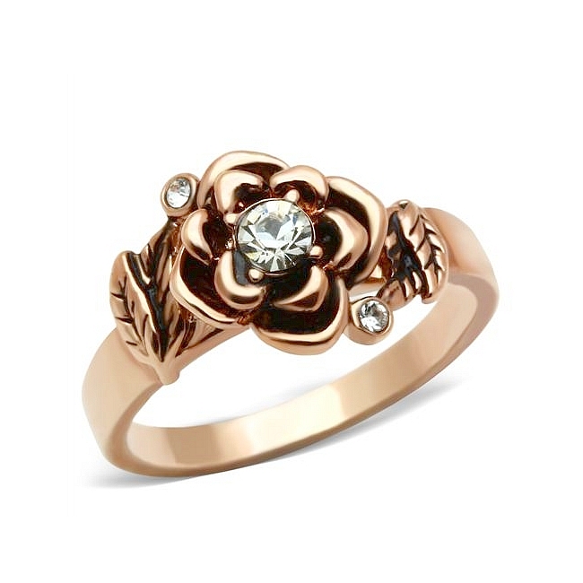 14K Rose Gold Plated Flower Fashion Ring Clear Crystal