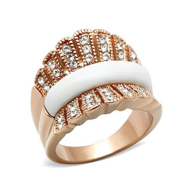 14K Rose Gold Plated Pave Fashion Ring White Synthetic Agate