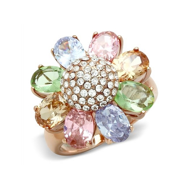 14K Rose Gold Plated Flower Fashion Ring Multi Color CZ