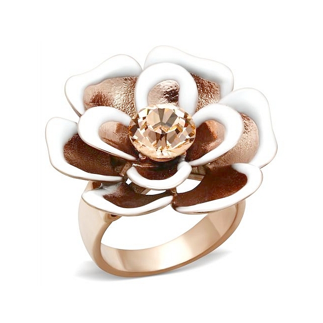 14K Rose Gold Plated Flower Fashion Ring Light Peach Crystal