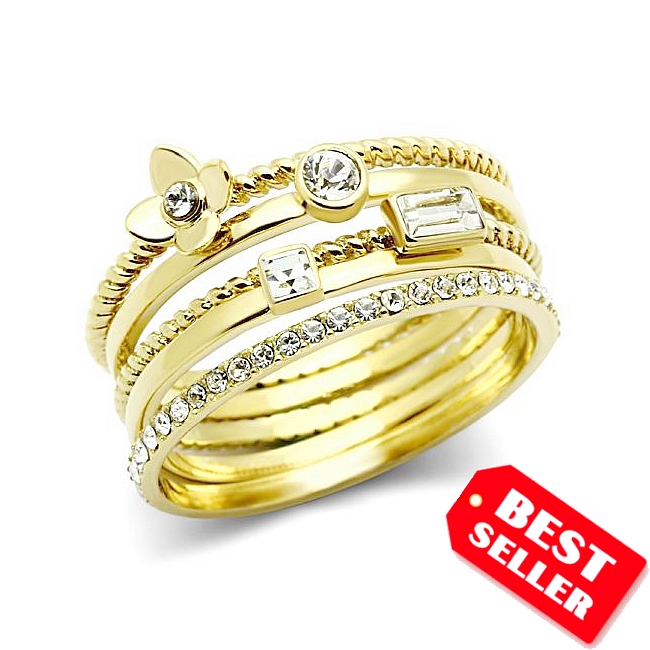 5 Band Fashion Ring with Clear Crystal 14K Gold Plated