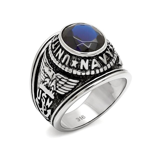 Silver Tone Army / Military Mens Ring Montana Synthetic Glass