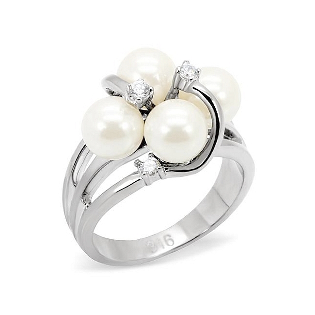 Silver Tone Flower Fashion Ring White Synthetic Pearl