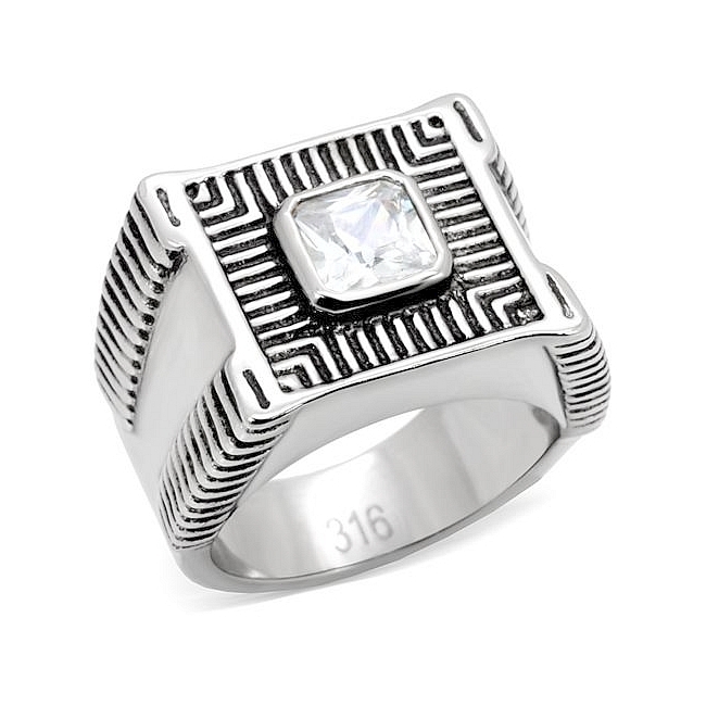 Silver Tone Square Fashion Ring Clear CZ