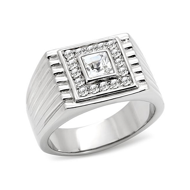 Silver Tone Square Fashion Ring Clear Crystal