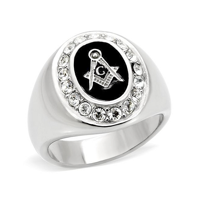 Stylish Silver Tone Masonic Fashion Ring Clear Crystal
