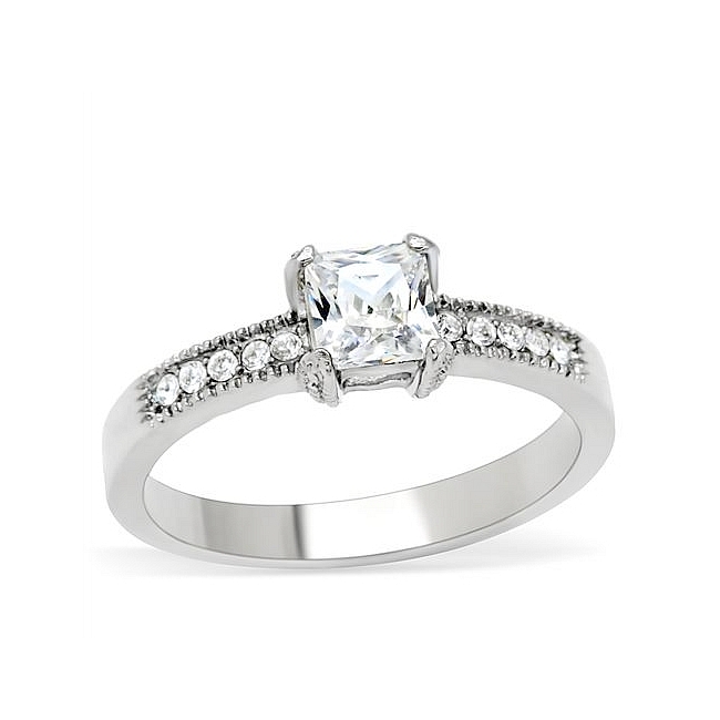 Silver Tone Pave Engagement Ring Clear CZ
