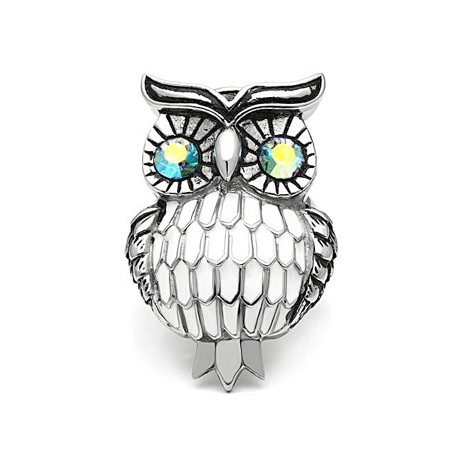 Silver Tone Owl Animal Fashion Ring Aqua Top Grade Crystal