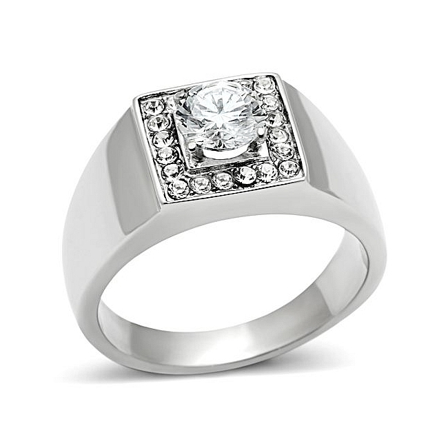 Silver Tone Square Mens Ring Clear Cubic Zirconia
