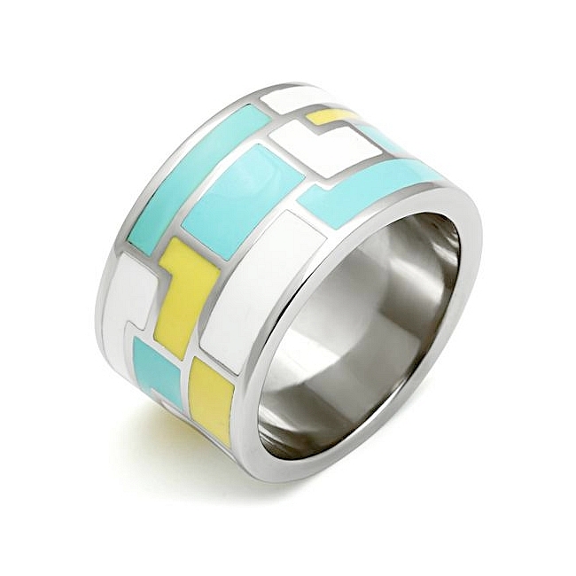 Silver Tone Band Fashion Ring Multi Color Epoxy