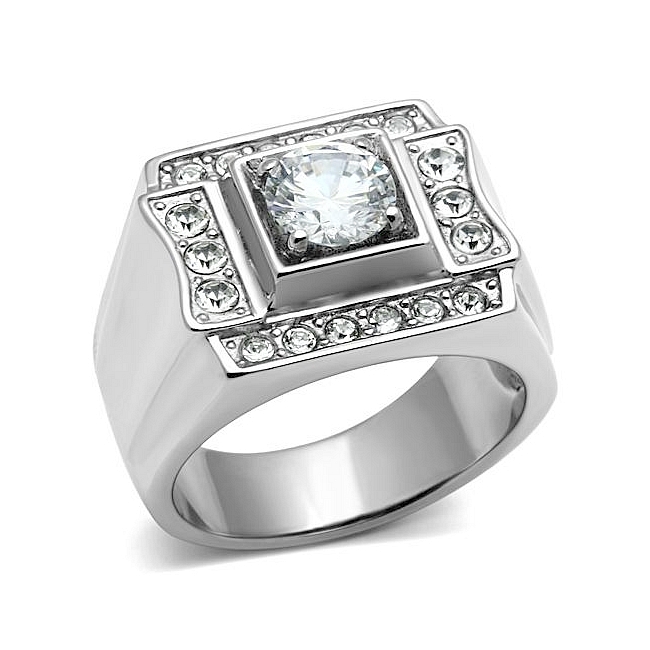 Silver Tone Square Mens Ring Clear Cubic Zirconia