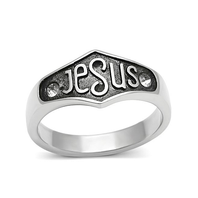 Silver Tone Jesus Religious Fashion Ring Clear Crystal