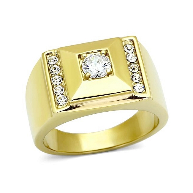 14K Gold Plated Square Mens Ring Clear CZ
