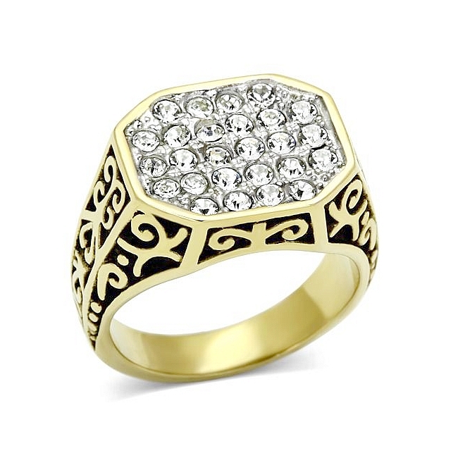 14K Two Tone Plated Masonic Mens Ring Clear Crystal