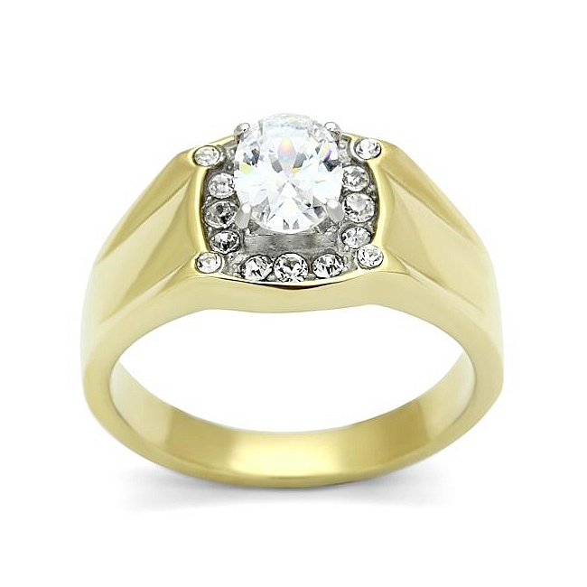 14K Two Tone Plated Mens Ring Clear Cubic Zirconia