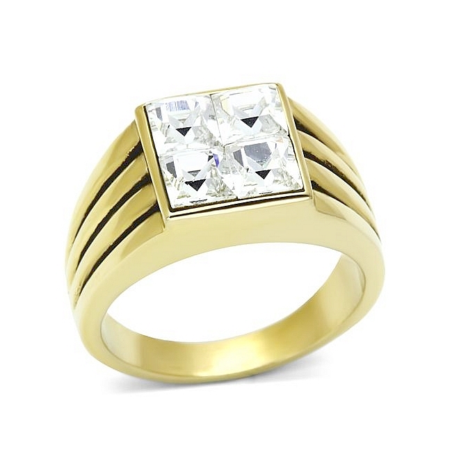 14K Gold Plated Square Mens Ring Clear Crystal