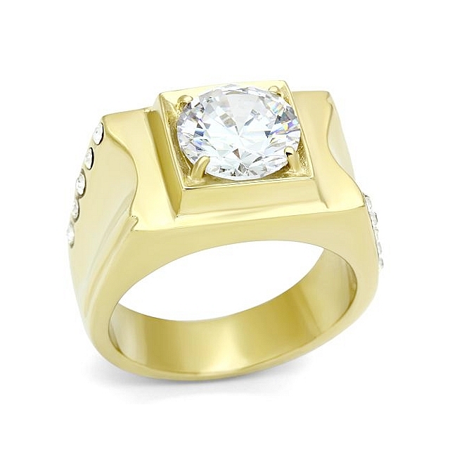 14K Gold Plated Square Mens Ring Clear Cubic Zirconia