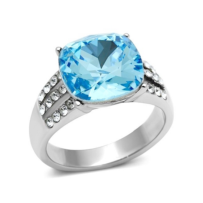 Silver Tone Fashion Ring Aqua Crystal