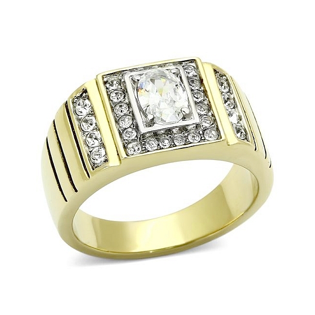 14K Two Tone Plated Square Mens Ring Clear CZ