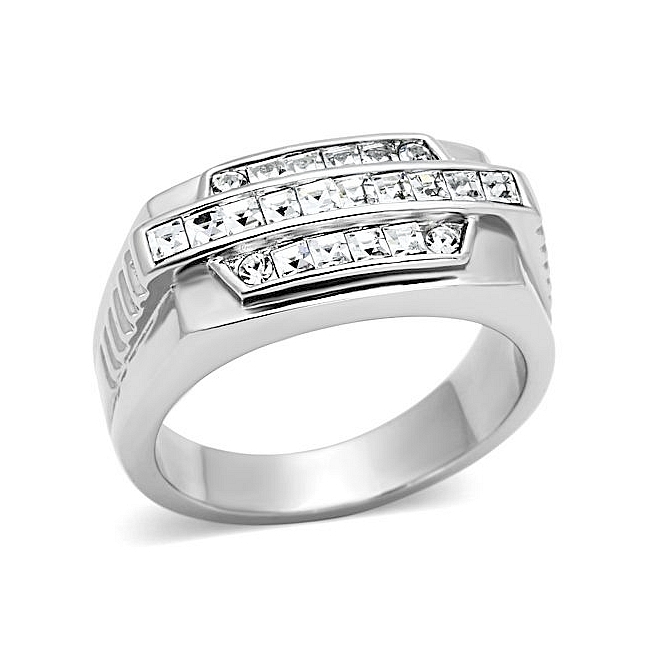 Lovely Silver Tone Square Mens Ring Clear Crystal