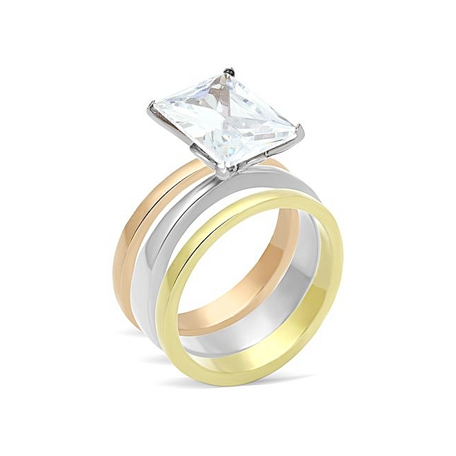 Petite Ion Tri Tone (Gold & Rose Gold & Silver) Solitaire Engagement Wedding Ring Set Clear CZ