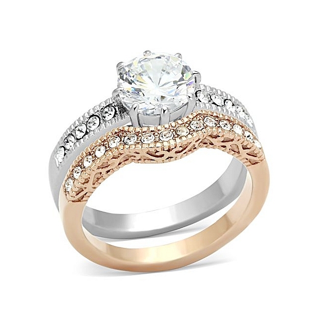 14K Rose Gold Plated Vintage Engagement Wedding Ring Set Clear CZ