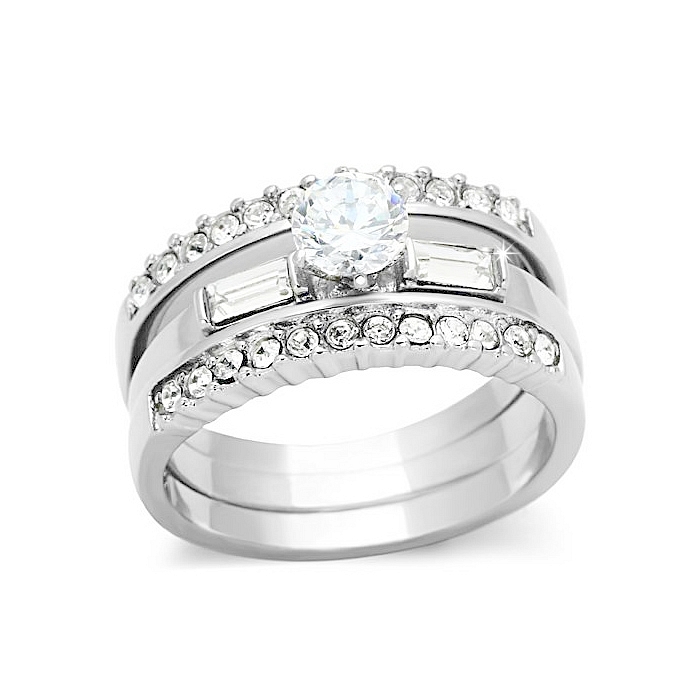 Petite Silver Tone LUXURY Wedding Ring Set with Round CZ