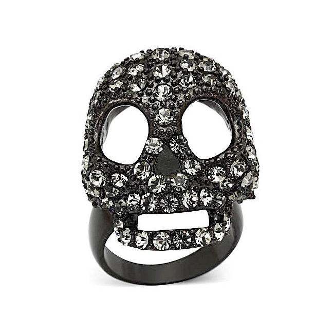Ion Black Plated Skull Fashion Ring Black Crystal