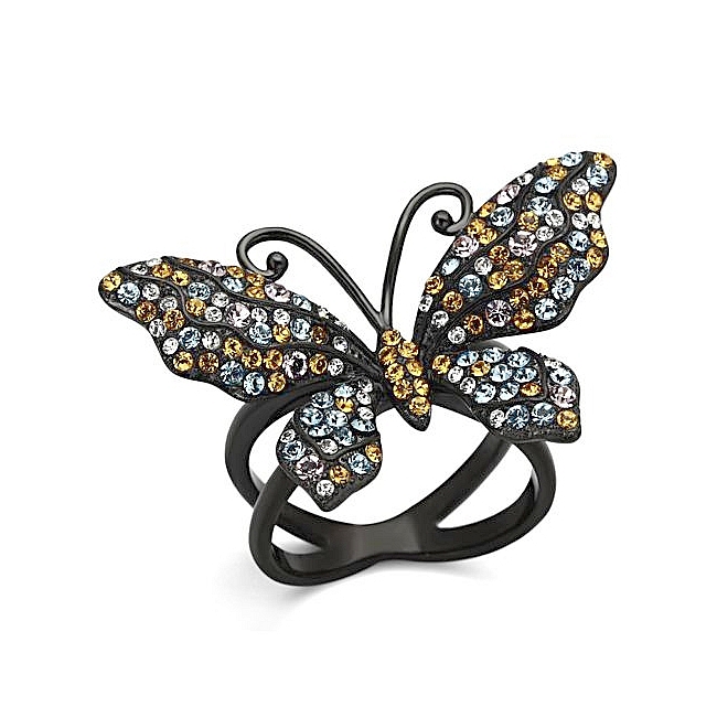 Ion Black Plated Butterfly Fashion Ring Multi Color Crystal
