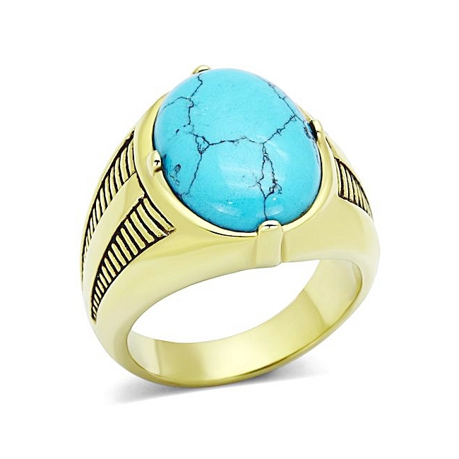 14K Gold Plated Mens Ring Aqua Synthetic Turquoise