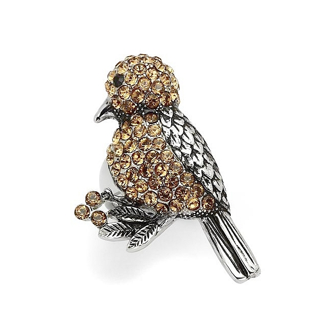 Silver Tone Bird Animal Fashion Ring Smoked Topaz Crystal