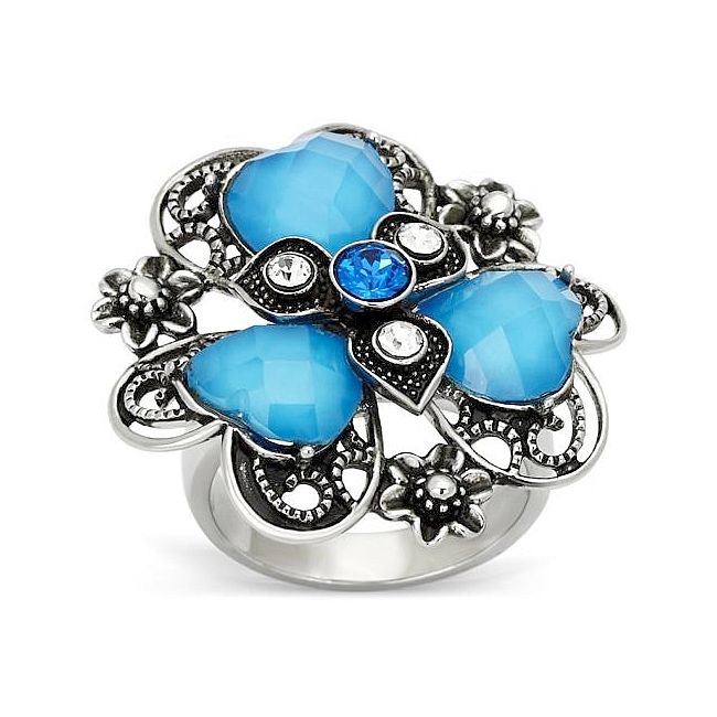 Silver Tone Flower Fashion Ring Aqua Synthetic Resin