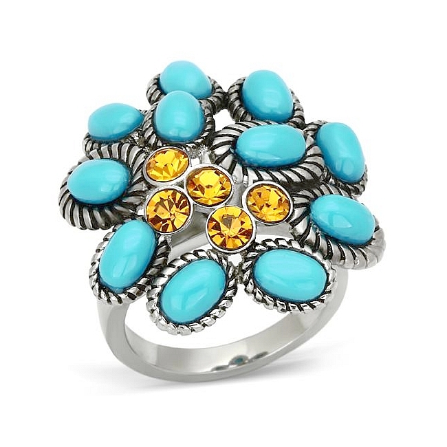 Silver Tone Flower Fashion Ring Turquoise Synthetic Resin