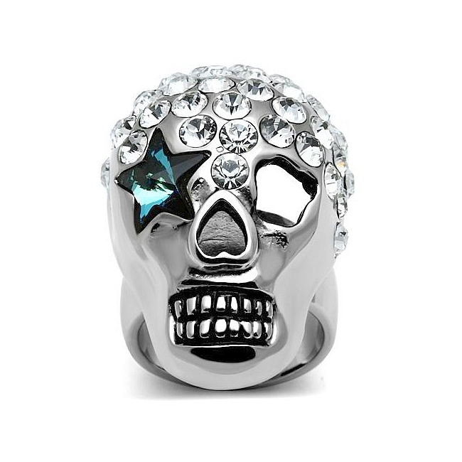 Silver Tone Skull Fashion Ring Aqua Crystal