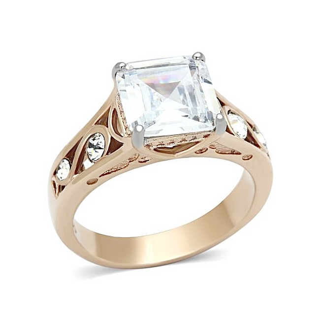 14K Two Tone (Rose Gold & Silver) Vintage Engagement Ring Clear CZ