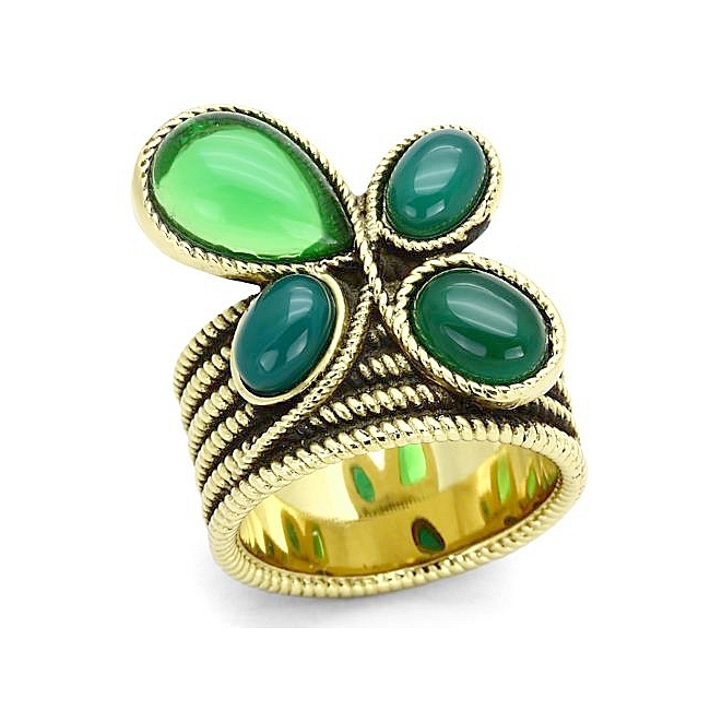 14K Gold Plated Flower Fashion Ring Emerald Synthetic Glass